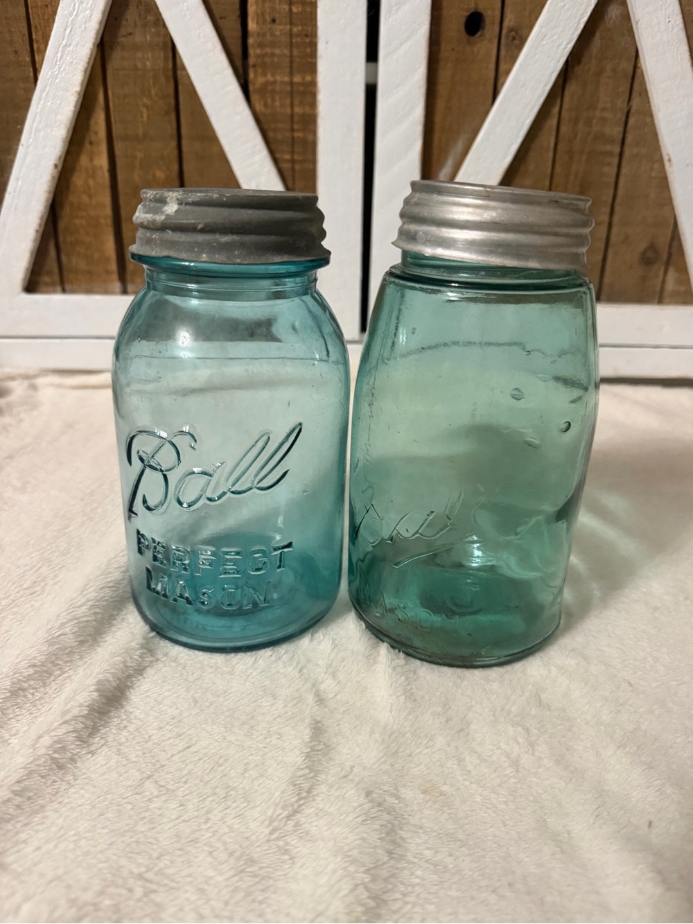Vintage Aqua Glass Ball Mason Jars with Metal Lids - Set of 2